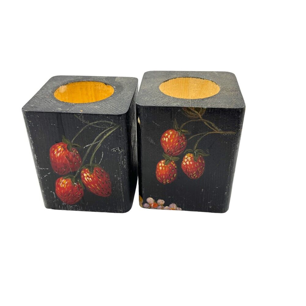 Fruit Painted Candle Holders Set of 2 Wood 60s 70s Vintage Retro Berries Flowers
